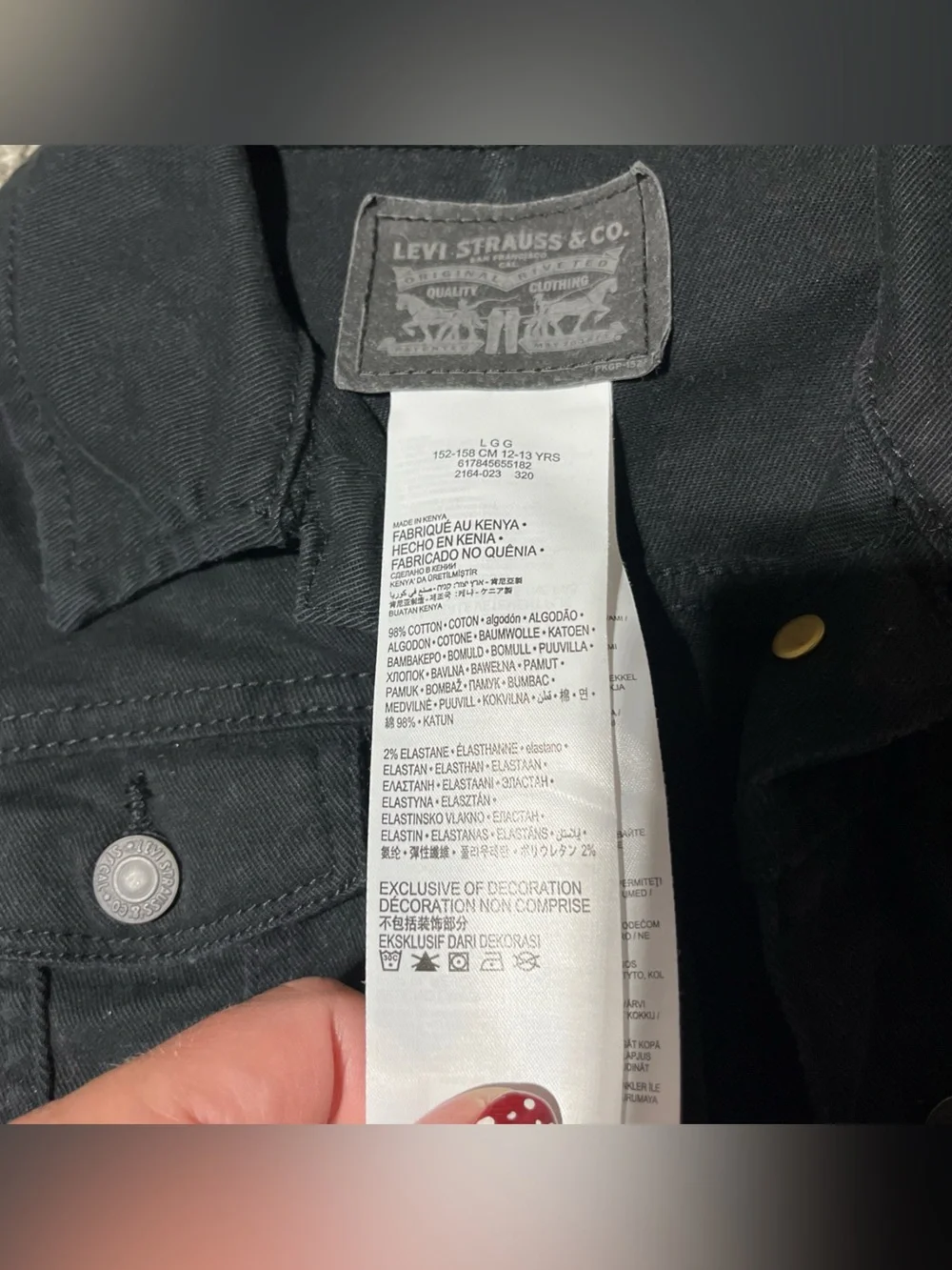 Levi’s Kids Black Trucker Jacket Large Stretch Denim 12-13 Years